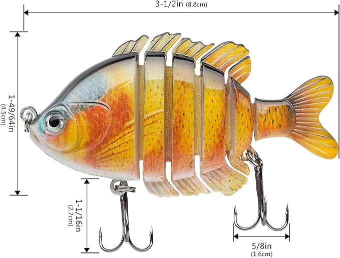 BASSDASH SwimPanfish Multi Jointed Panfish Bluegill Swimbaits Hard Topwater Bass Lures Fishing Lure Crank Saltwater 3.5in/0.85oz,Pack of 4