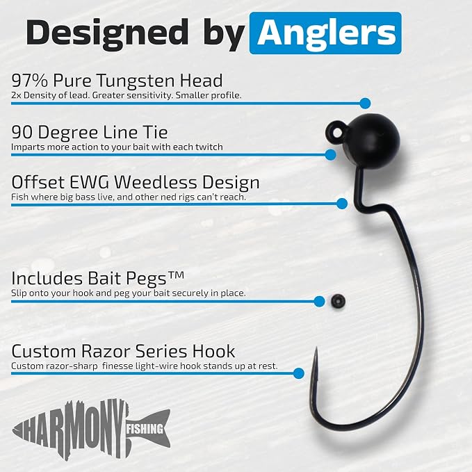 Harmony Fishing - Tungsten Offset Weedless Ned Rig Jigheads (5 Pack)