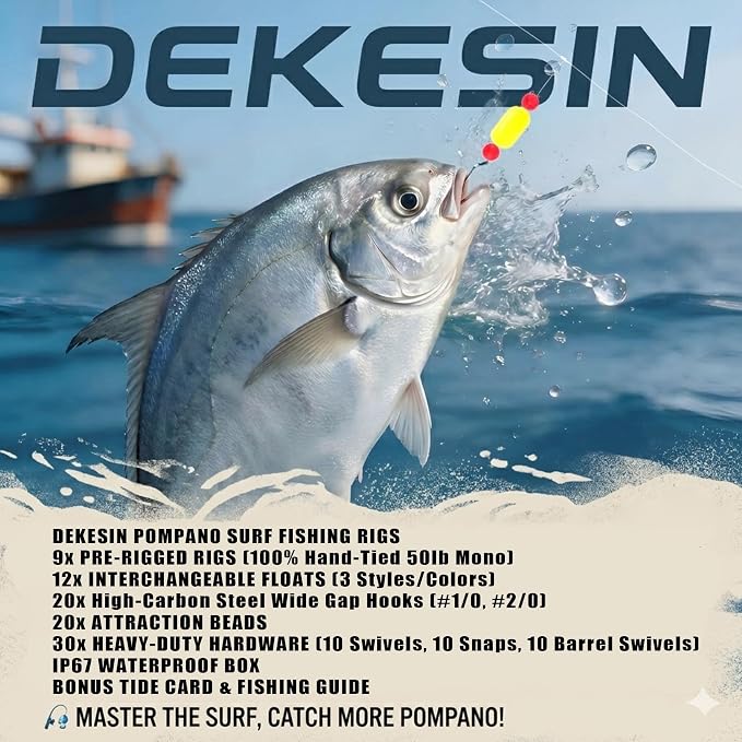 9-Pack Hand-Tied Pompano Rigs - 50lb Surf Fishing Rigs with 104pc DIY Tackle Refill Kit, Tide Card - Pre-Rigged for Pompano, Redfish, Flounder - Gift for Men Dad