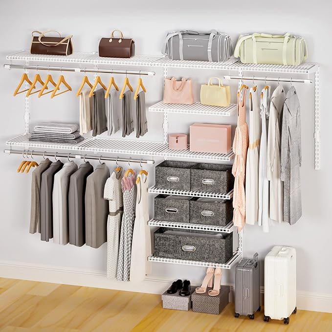 Wire Closet Organizer System, Wall Mounted 8.7 Ft. Custom Closet Kit for Bedrooms, Adjustable Storage Shelves for Clothes, Shoes, and Handbags
