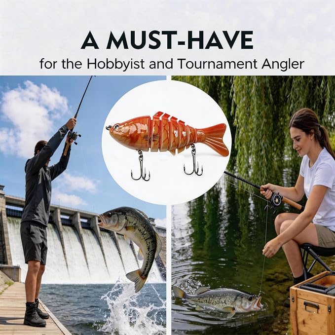 Multi Jointed Swimbait Hard Lure, 3.7in Slow Sinking Fishing Lures with Realistic S-Shaped Swimming Action, Built-in Gravity Transfer System & #6 Treble Hooks for Bass, Trout, Pike, Topwater Lure