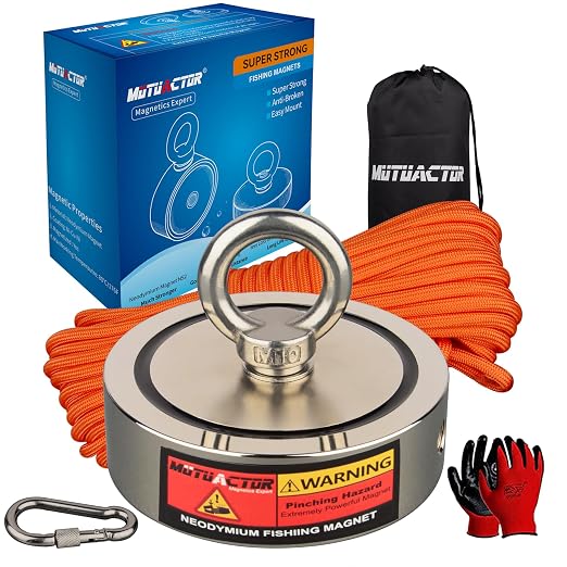 MUTUACTOR Fishing Magnet Kit,1800lbs Double Sided Fishing Magnets Heavy Duty,Φ 3.7" Permanent Neodymium Magnet with 65Ft Salvage Rope Sturdy Gloves Bag for Retrieval and Recovery of Treasure