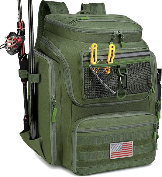 HAMBOLY Fishing Backpack 45L with Rod Holders, Water-Resistant Tackle Backpack for Fishermen, Large Capacity Fishing Gear Bag for Travel Hiking Camping