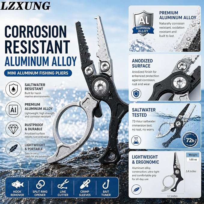Mini Fishing Pliers with Zinger Retractor, Split Ring Pliers for Saltwater & Freshwater, Tungsten Carbide Braid Cutters & Hook Remover, Compact Multitool for Freshwater Fly Fishing,Bass Fishing