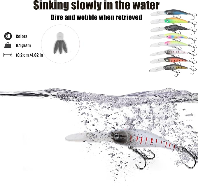 EXAURAFELIS Hard Jerkbait Kit Fishing Lures Set Including Minnow Popper Crank Baits with Hooks for Saltwater Freshwater Trout Bass Salmon Fishing Shallow Deep Diving Flat Side Crankbaits