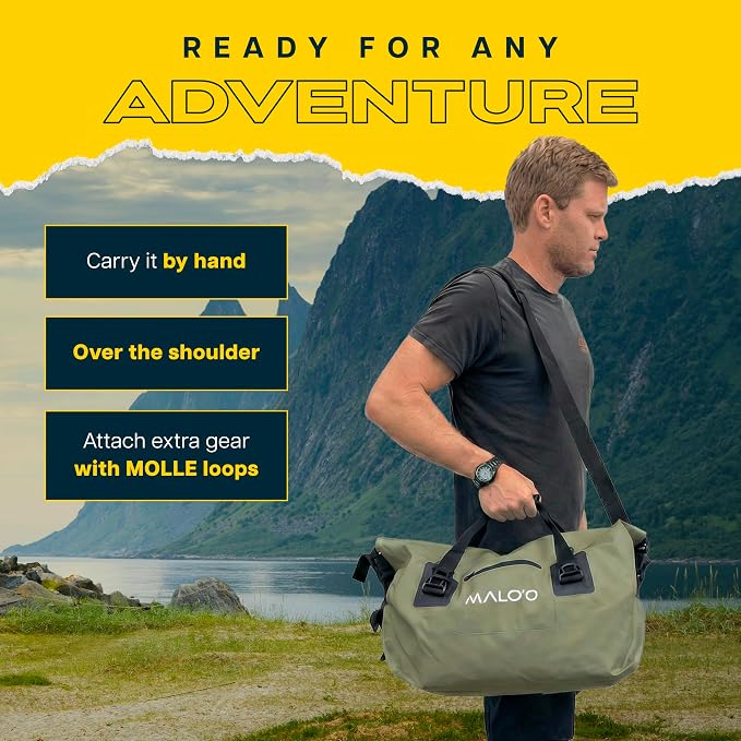 Malo’o Waterproof Dry Duffel, Heavy-Duty Roll Top Waterproof Gear Bag with Shoulder Strap & Molle Loops, Marine Duffel for Kayaking, Boating, Camping, Beach & Travel, Dark Green, 40L