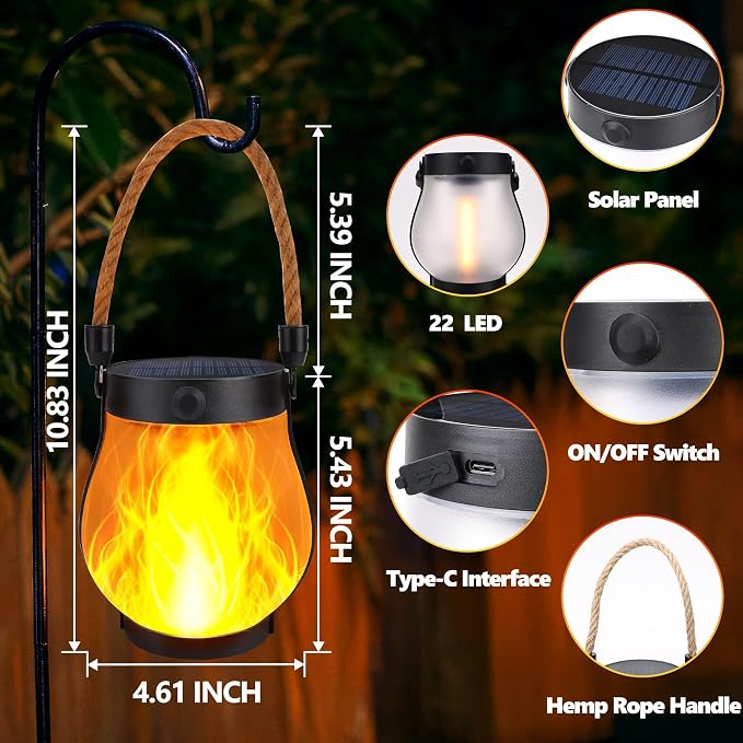 Toodour Solar Lanterns Outdoor Lights, 2 Pack Waterproof Flickering Flame Hanging Lanterns with 2 Modes, Dual Charging USB/Solar Solar Lights for Camping Patio Garden Yard Porch Deck Outdoor Decor