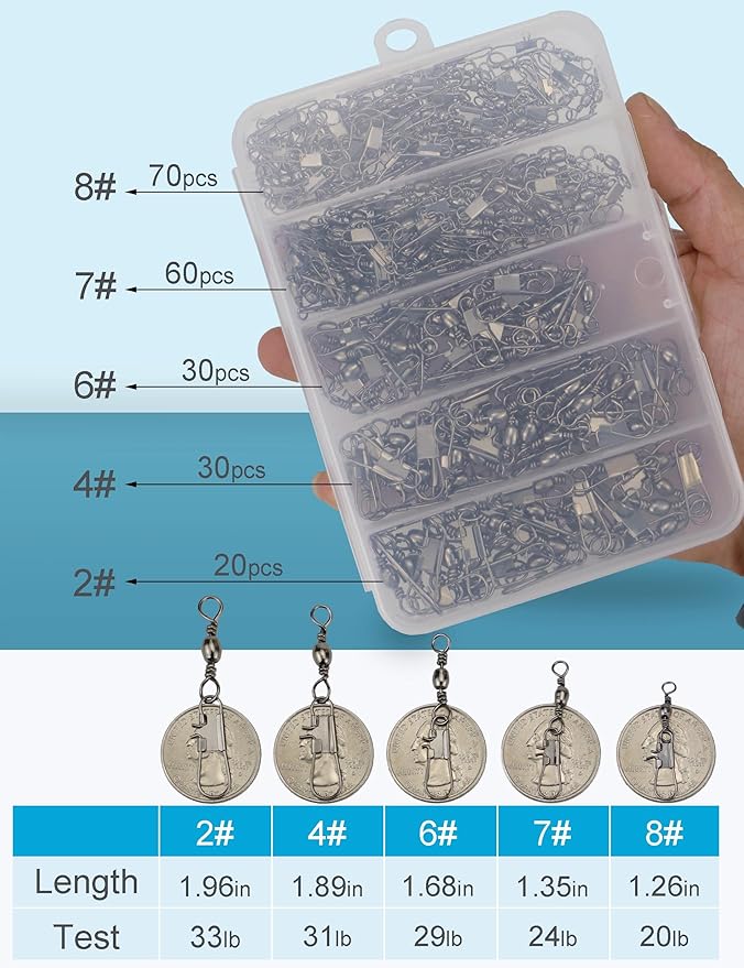 Fishing Swivels Snap Swivels 210pcs Barrel Swivels with Snaps, Fishing Swivels Saltwater Freshwater Snap Connector