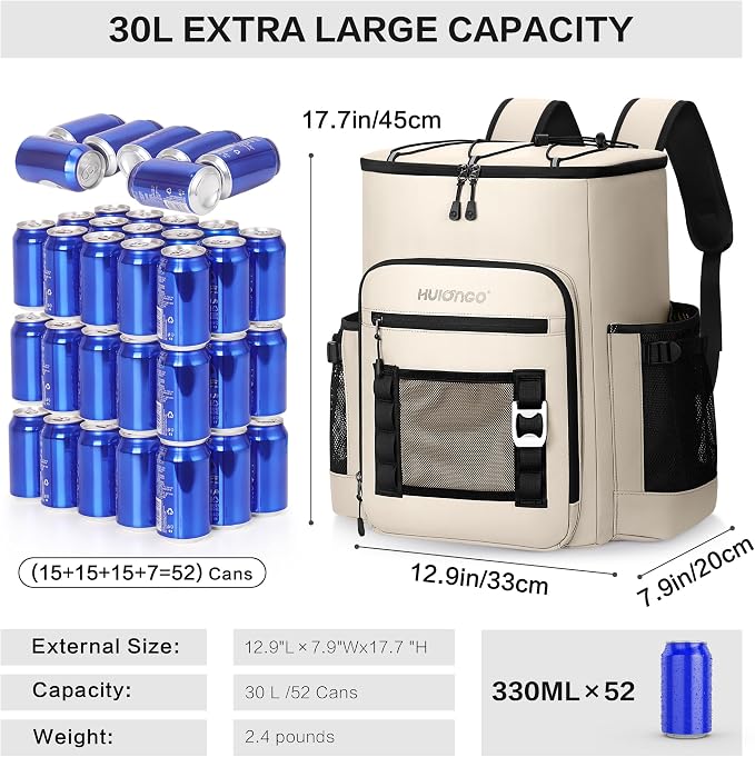 Hulongo Cooler Backpack, 30L Insulated Leakproof Soft Cooler Bag for 52 Cans, Lightweight Backpack for Beach, Picnic, Camping, Hiking, Fishing and Travel