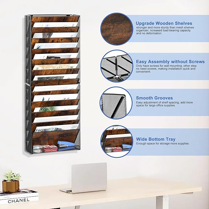 TQVAI 12-Tier Hanging Wall File Organizer - Folding Wall Mounted Mail Document Holder, Metal Clipboard Storage Rack for Office, Homeschool, Classroom Organization, Black/Vintage