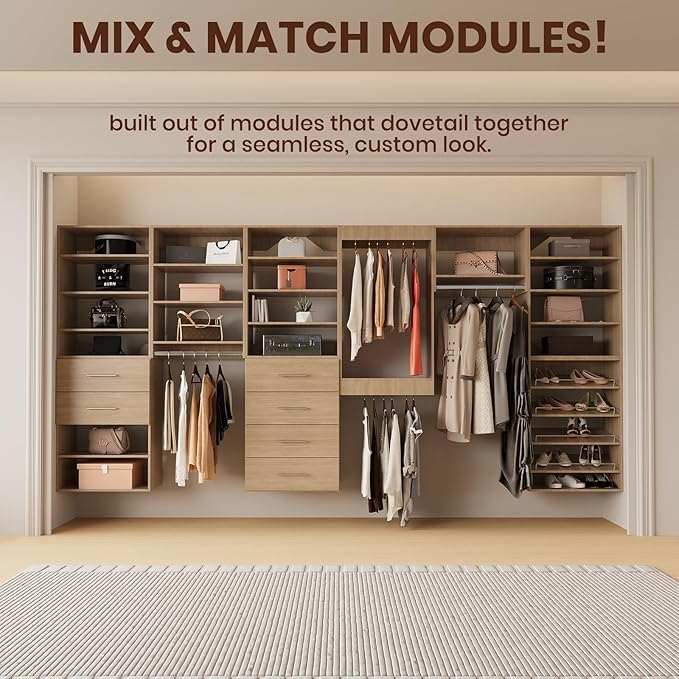 ROOMTEC Modular Closet System, 84" Wall Mounted Modern Closet Organizer with Hanging Rods and Shoe Shelf, Wooden Tower for Walk-In Closets, Wardrobe Storage Kit, Wood