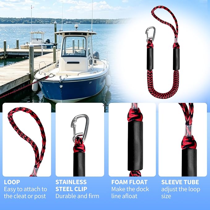3FT Boat Dock Line Shock Absorbing Mooring Bungee Dock Lines for Boats Accessories Ideal for SeaDoo, Kayak, Pontoon, Power Boat 2PCS(Red&Black, 3FT-Single Clips)