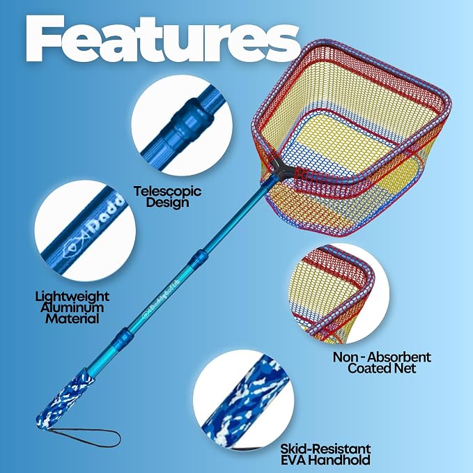 DaddyGoFish Kids Fishing Net - Extendable Telescopic Landing Net for Boy Girl Children Catching Small Fish Crab Shrimp Minnow Dragonfly Beach Pier Lake River Ocean
