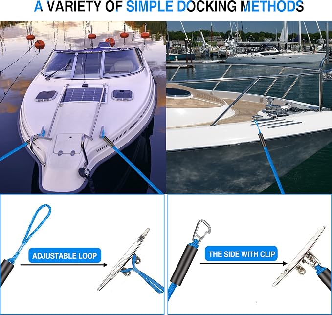 Bungee Dock Line Boat Accessories - Pontoon, Jet Ski, Kayak Accessories with 316 Stainless Steel Clip