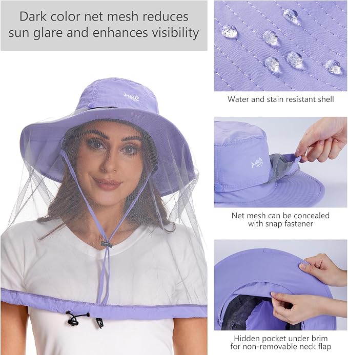 BASSDASH UPF 50+ Mosquito Sun Hat with Hidden Head Net and Neck Flap for Men Women Outdoor Fishing Hiking Camping