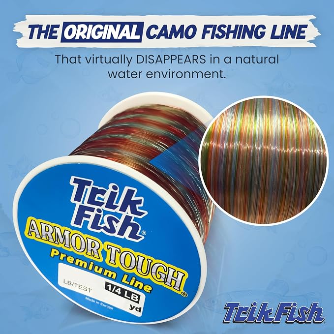 TrikFish Armor Tough Camouflage Monofilament Fishing Line - Stealthy & Strong - Camo Monofilament Line for Freshwater & Saltwater Fishing - Bulk 1/4LB Spool of Mono