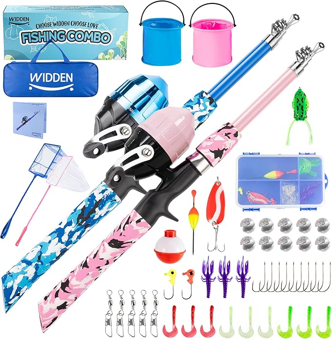 WIDDEN Kids Fishing Pole, Portable Telescopic Kids Fishing Poles for Boys and Girls, Fishing Rod and Reel Combo Kit with Tackle Box, and Fishing Net, Best Fishing Pole for Toddler Youth