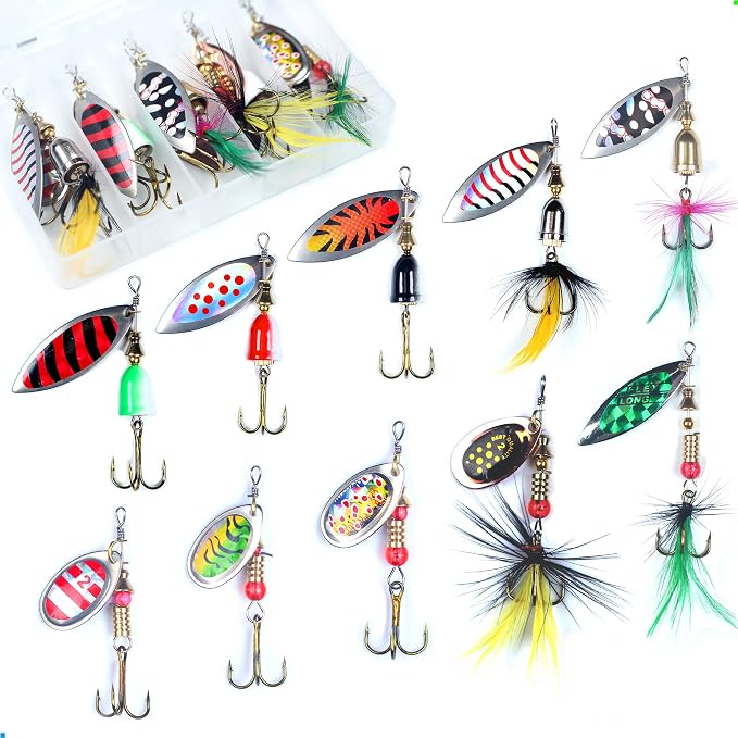 EXAURAFELIS 10/30pcs Fishing Lure Spinnerbait with Feathered Treble Hooks Rooster Tail Fishing Lures Spoon Lures for Bass Salmon Trout Spinner Baits with Tackle Box