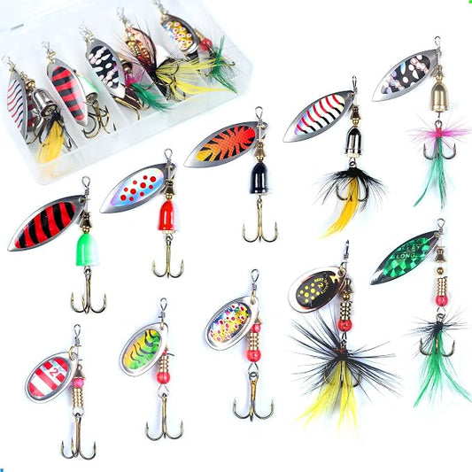 EXAURAFELIS 10/30pcs Fishing Lure Spinnerbait with Feathered Treble Hooks Rooster Tail Fishing Lures Spoon Lures for Bass Salmon Trout Spinner Baits with Tackle Box