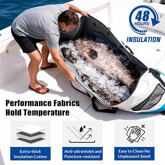 THKFISH Fish Cooler Bag Insulated Fish Kill Bag for Caught Fishing, 70in Waterproof Fishing Catch Bags with Smooth Water-Resistant Zipper Keep Ice-Cold & Fresh Over 48H