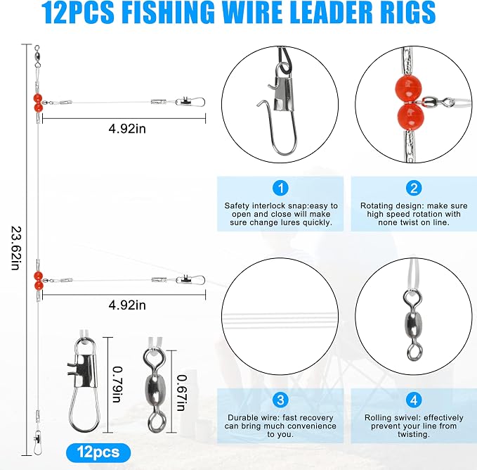 Saltwater Surf Fishing Tackle Kit - Saltwater Surf Fishing Rigs Bottom Rigs Include Fishing Leader Rigs Pyramid Sinkers Bass Casting Sinker Circle Hooks for Striped Bass Red Drum Flounder