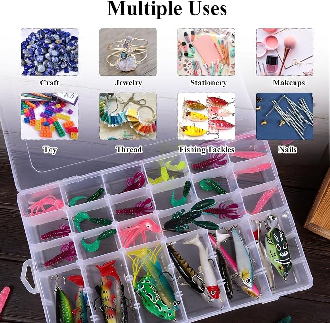 OUTUXED 8 Pack 36 Grids Clear Plastic Storage Boxes with Adjustable Dividers, Beads Storage Containers, Jewelry and DIY Crafts Organization, Screw & Hardware Sorting with 10 Label Stickers