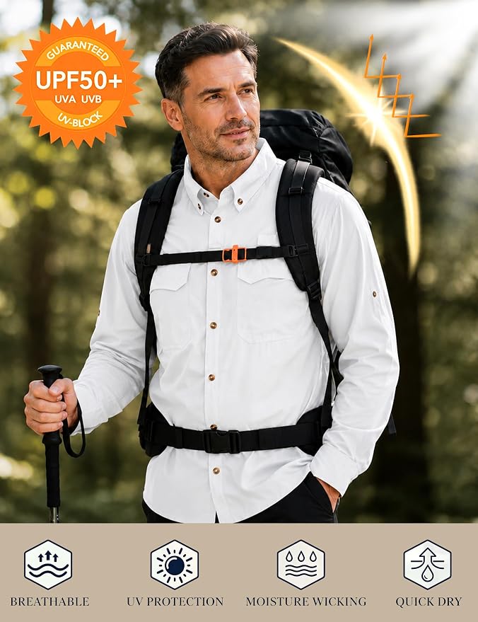 Roadbox Men's Sun Protection Fishing Shirt, Long Sleeve Cool Dry Lightweight UPF 50+ Shirts for Hiking Safari Camping Travel
