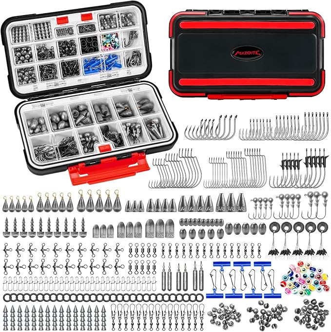 MadBite by KastKing 182/265/400pcs Compact Fishing Tackle Kit - All-in-One Freshwater Hooks, Weights, Bobbers in Tackle Box, Fishing Gear Set for Bass Trout Panfish