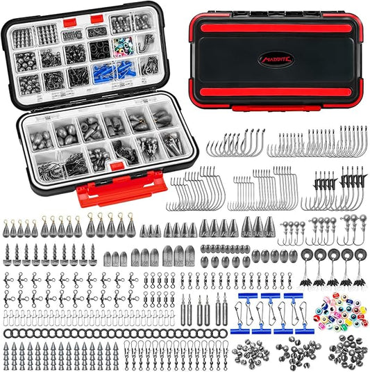 MadBite by KastKing 182/265/400pcs Compact Fishing Tackle Kit - All-in-One Freshwater Hooks, Weights, Bobbers in Tackle Box, Fishing Gear Set for Bass Trout Panfish