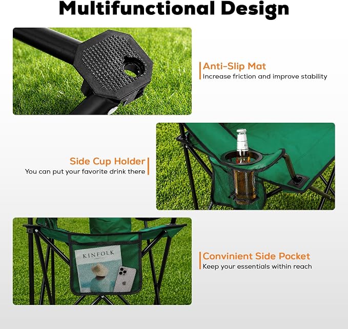Romswi 2 Pack Camping Chairs Support 400LBS, Heavy Duty Folding Chair with 4-Can Cooler Bag, Portable Outdoor Chair with Cup Holder for Lawn, Beach, Fishing, Green