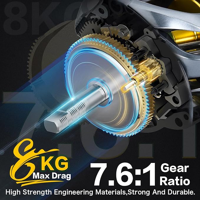 Sougayilang SY-200 Baitcasting Fishing Reel,11+1 Double Shielded Stainless Steel BB, 7 Button Magnetic Brakes, 7.6:1 Gear Ratio, 17.64 lbs of Smooth Drag