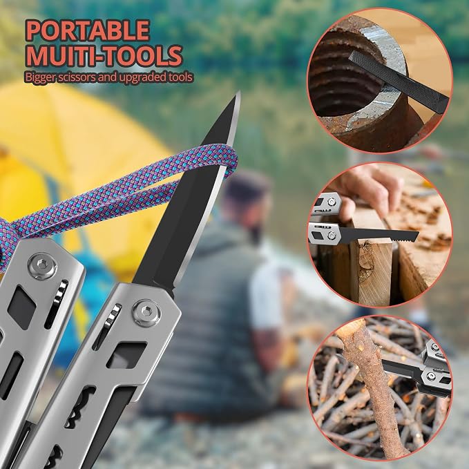 Multitool 17-in-1 Stainless Steel Multi Tool with Pocket Knife Needle Nose Pliers Bottle Opener Screwdriver Self-Locking Professional Multi-Tool for Outdoor Survival Gifts for Men((Silver)