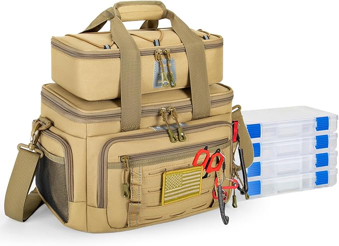 Fishing Tackle Bag, Equipped With 4 Tackle Boxes and Detachable Reel Storage Pouch, Waterproof Fishing Gear Organizer, Durable Angling Equipment, Featuring an Adjustable Shoulder Strap