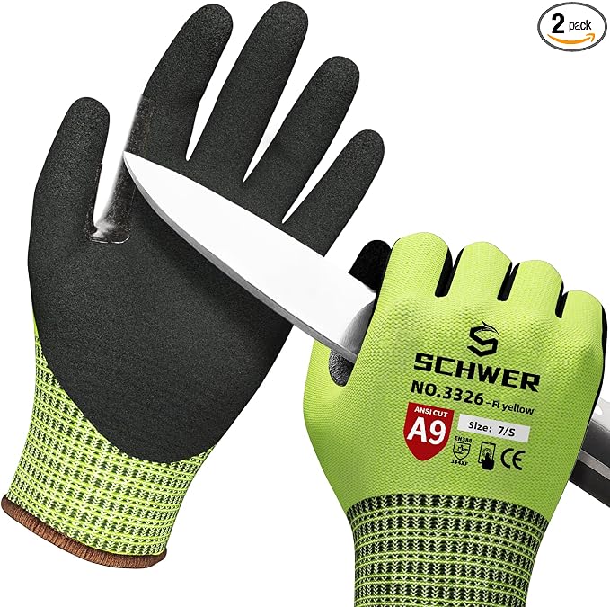 Schwer ProGuard Highest Level Cut Resistant Work Gloves PR3326 for Extreme Protection，ANSI A9 Cut Gloves with Reinforced Thumb, Non Slip, Breathable, Cooling, Durable, Touch-screen, Yellow 2 Pairs S