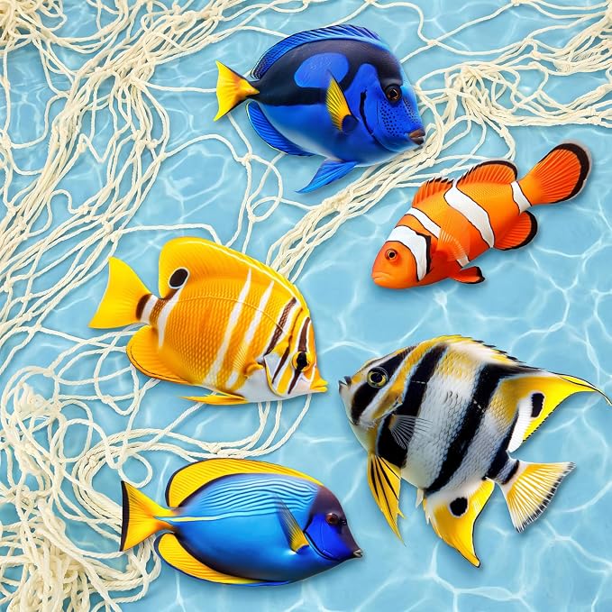 Silipull 11 pcs Tropical Fish Party Decorations Kit Fishing Net Cute Cardstock Photo Prop for Under The Sea Decor Birthday Sea Animal Indoor Outdoor Dessert Table Party Supply