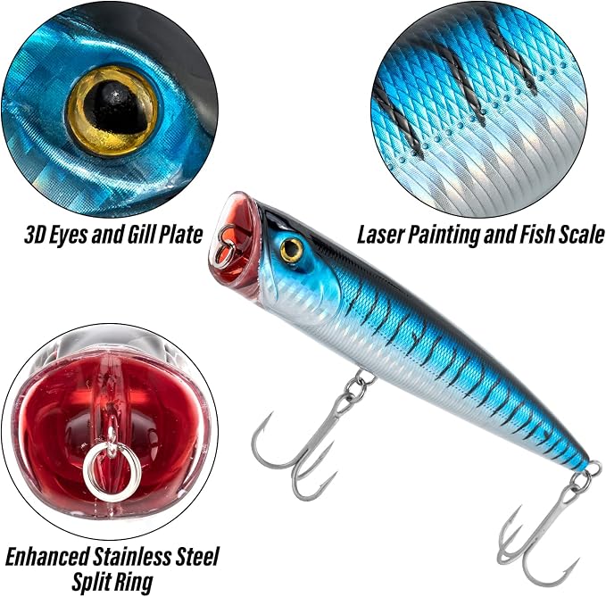 Dr.Fish Popper Saltwater Fishing Lures, 4/5.5 Inches GT Popper VMC Treble Hooks Surf Fishing Lures for Bass Striper Pike Salmon Offshore