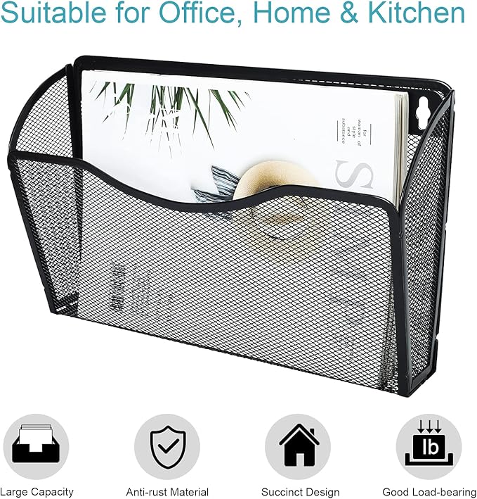 PAG 6 Pockets Wall File Holder Office Hanging File Organizer Metal Wall Mount Magazine Rack, Black