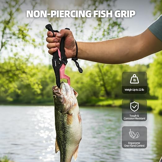 Fishing Tool Kit with Fish Gripper, Portable Fish Scale, Stainless Steel Soap & Measuring Ruler – Saltwater Resistant Tackle Accessories for Freshwater and Saltwater Anglers (4, Black & Pink)