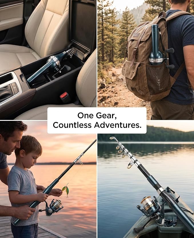 Telescopic Fishing Rod and Reel Combo for Adults & Beginner | Integrated Anti-Tangle Spincast Reel, Pre-Spooled Line, Foldable Pocket Fishing Pole, Compact Travel Gear for Camping, Hiking