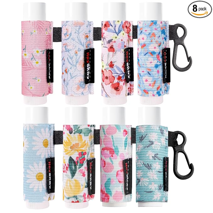 HEYSKAY 8PCS Lip Balm Keychain Holder Compatible with Chapstick, Stocking Stuffers Gifts Keychain Lip Gloss Holder Key Chain Lipstick Holder Sleeves(Floral Set B-8PCS)