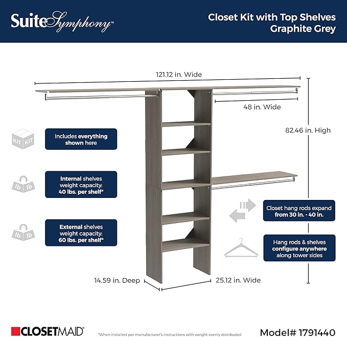 ClosetMaid SuiteSymphony Wood Closet Organizer Kit with Tower, 3 Hang Rods, Top Shelves, Adjustable, Fits Spaces 6 - 10 ft. Wide, Graphite Grey