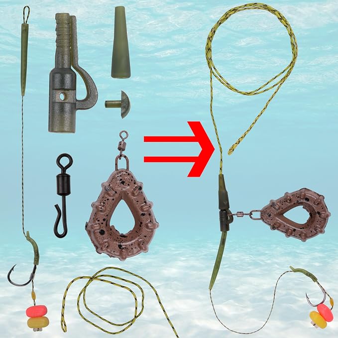 Carp Fishing Rigs Kit Carp Hair Rigs with Carp Sinker Weights Hooks Quick Change Rolling Swivels Sleeves Bait Corns Boilie Leader Rigs Carp Fishing Accessories