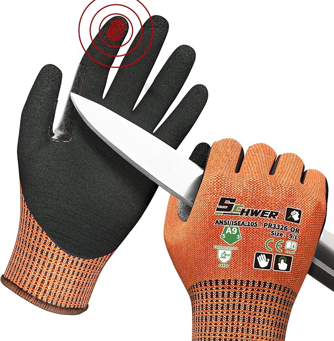 Schwer ProGuard High Level Cut Resistant Work Gloves PR3326 for Extreme Protection，ANSI A9 Cut Gloves with Reinforced Thumb, Non Slip, Breathable, Durable, Touch-screen, Orange 1 Pair（L）