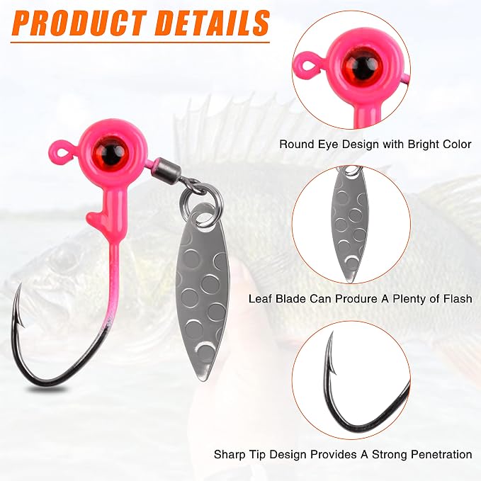 Crappie Jig Heads Fishing Lures Kit, 15pcs Underspin Jig Heads with Spinner Blade Crappie Lures Eye Ball Head Painted Fishing Jigs for Bass, Trout, Panfish, Sunfish