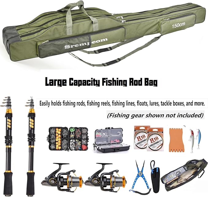 3 Layers Fishing Pole Bag,Portable 3 Layers Oxford Folding Rod Carry Case,Fishing Reel Tackle Storage Bag Case