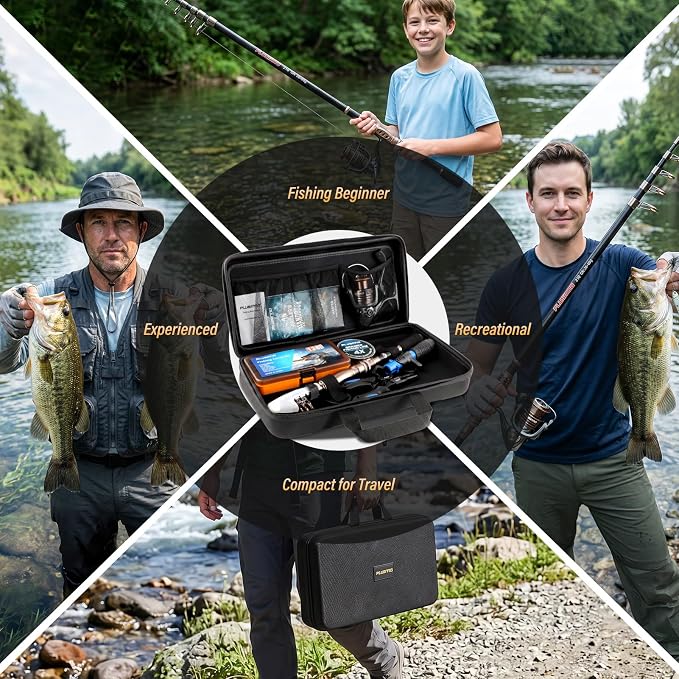 PLUSINNO Fishing Rod and Reel Combo with Telescopic Fishing Pole, Portable Travel Fishing Rods Kit with Tackle Box Carrier Bag & Manuals, Fishing Gear Tool Kit for Freshwater, Fishing Gifts for Men