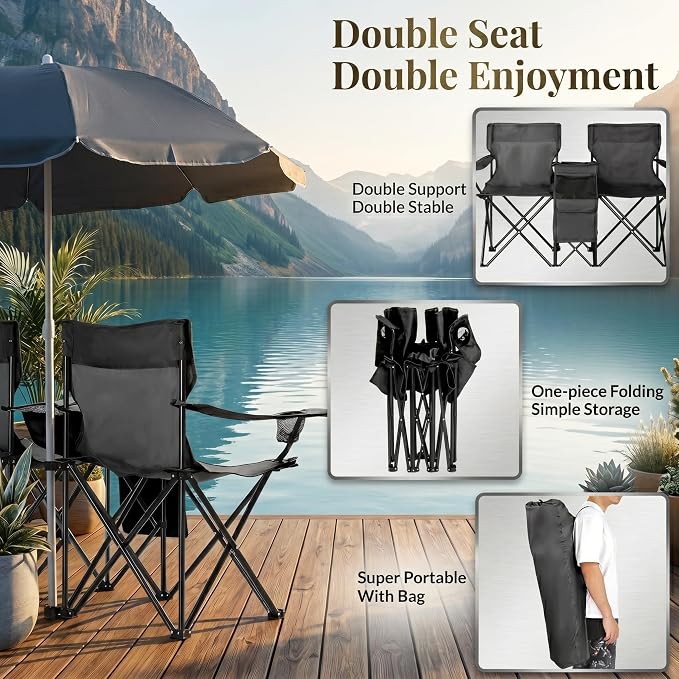 Double Folding Camping Chair with Removable Sun Umbrella and Cooler Bag, 2 Person Portable Picnic Chair for Beach, Patio, Fishing and Tailgating, 600D Oxford Fabric, Black (Black)