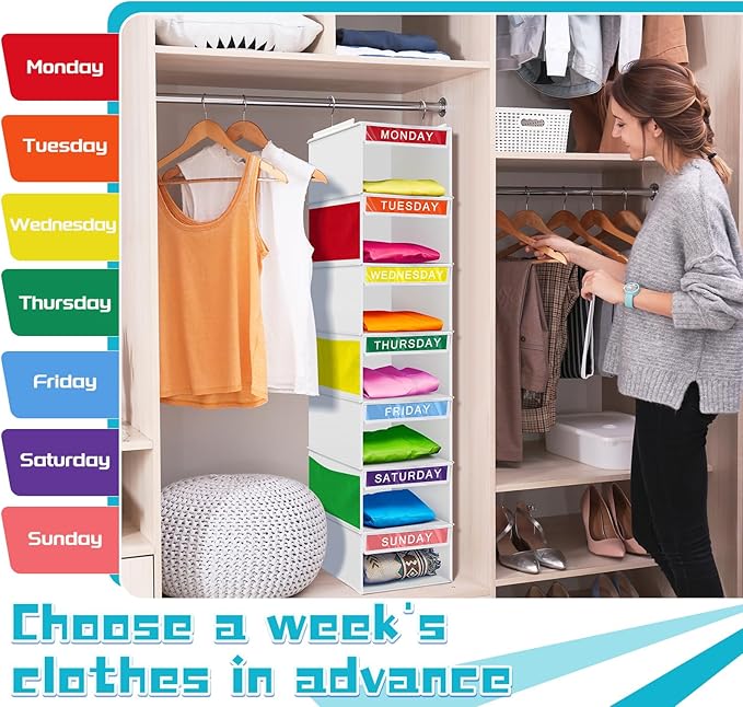 Amylove 2 Pcs 7 Shelf Weekly Clothes Organizer for Kids Hanging Closet Organizer 11. 8 x 11. 8 x 50 Inches Daily Activity Kids Clothes Storage Drawers Cube Drawers Closet Hanging Shelves(White)