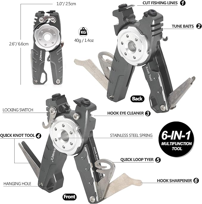 SAMSFX Fishing Tungsten Line Cutter with Zinger Retractors, Fishing Pliers Cutters, Knot Tying Tool, Hook Eye Cleaner, Hook Sharpener