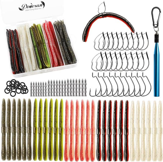 Dovesun Wacky Worm for Bass Trout Fishing Worms Kit with Soft Plastic Baits, Weedless Hooks, Bass Hooks,Weedless Jig Head, Wacky Rig Tool, O-Rings, Weight 152Pcs/131Pcs/50Pcs